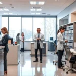 Personal administrativo y médicos trabajando en una oficina de salud.