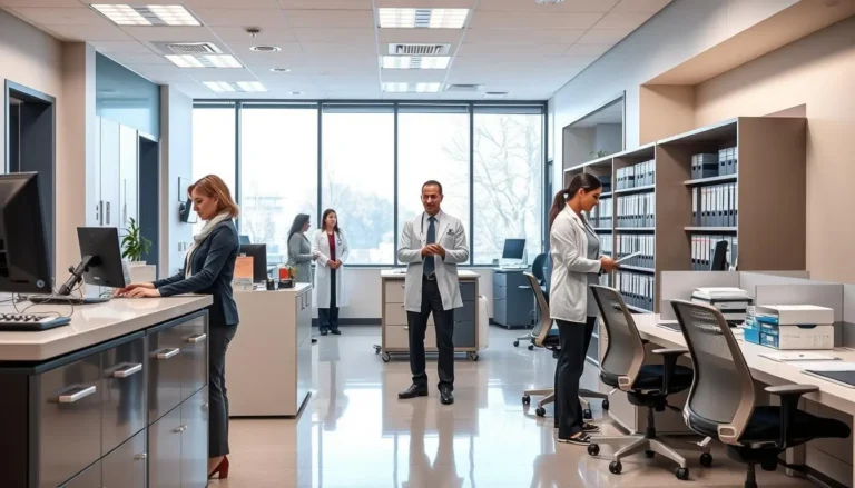 Personal administrativo y médicos trabajando en una oficina de salud.