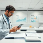 Médico revisando documentos administrativos en una oficina con luz natural.