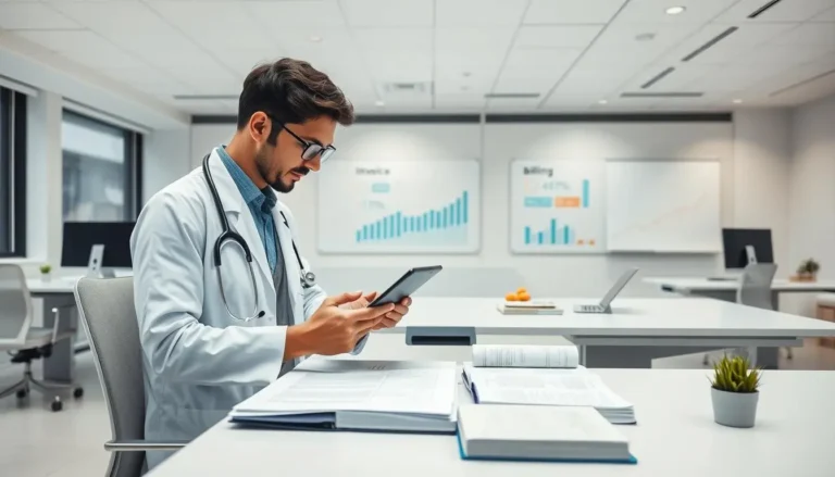 Médico revisando documentos administrativos en una oficina con luz natural.