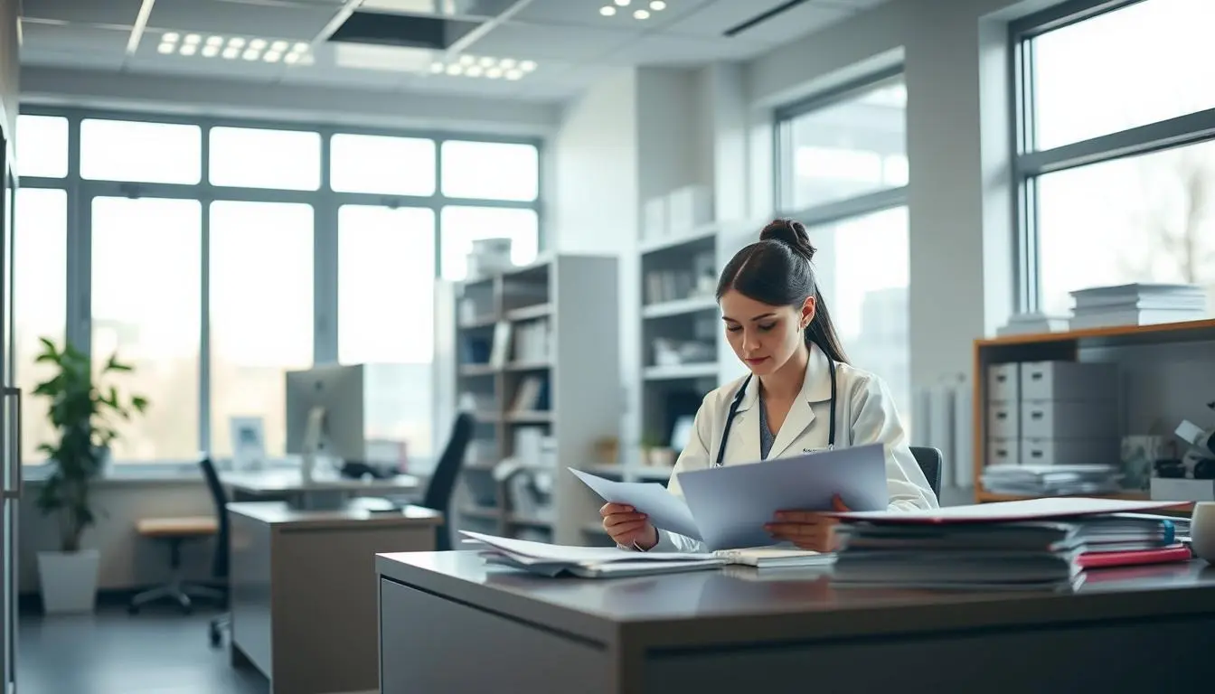 Doctor con estetoscopio usando una tablet para gestionar datos financieros en un hospital
