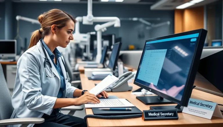 Secretaria médica trabajando en la gestión hospitalaria con sistemas digitales de salud.