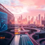 Un paisaje futurista que representa la transformación digital del sistema de salud en Argentina. En primer plano, una pantalla holográfica muestra datos en tiempo real de pacientes y diagnósticos médicos, destacando cómo la salud en Argentina avanza con la tecnología.