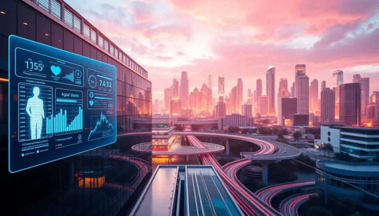 Un paisaje futurista que representa la transformación digital del sistema de salud en Argentina. En primer plano, una pantalla holográfica muestra datos en tiempo real de pacientes y diagnósticos médicos, destacando cómo la salud en Argentina avanza con la tecnología.